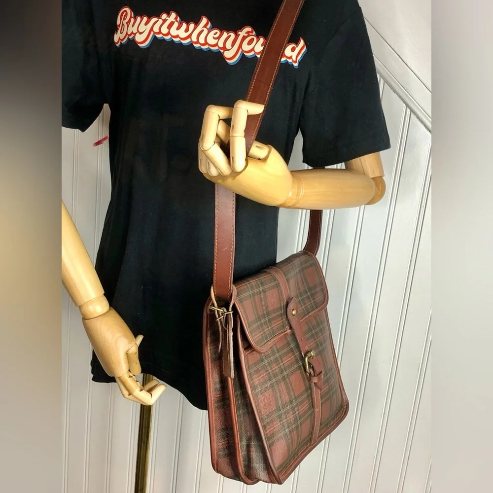 RALPH LAUREN Tartan Plaid Large Leather Crossbody Messenger Shoulder Bag